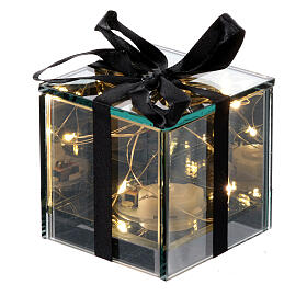 Christmas gift illuminated by 8 cold white LEDs, smoked black glass, 3x3x3 in, indoor