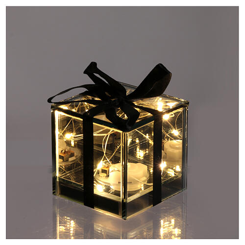 Christmas gift illuminated by 8 cold white LEDs, smoked black glass, 3x3x3 in, indoor 1