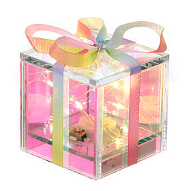 Christmas gift illuminated by 6 LEDs, opalescent glass, Crystal design, 3x3x3 in, indoor