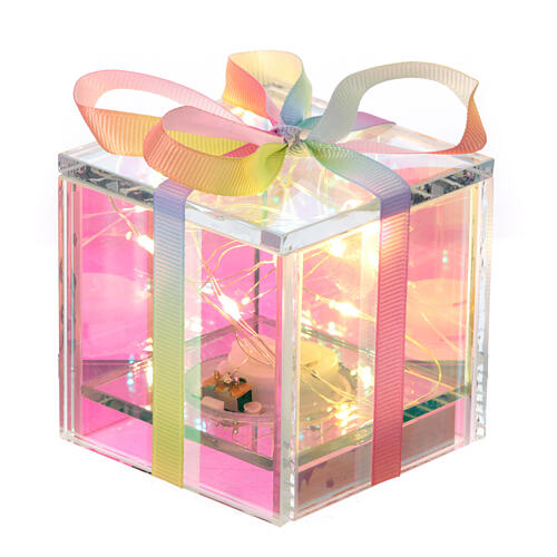 Paquet cadeau lumineux Noël verre opalescent 6 LEDs Crystal design 7x7x7 cm pour intérieur 2