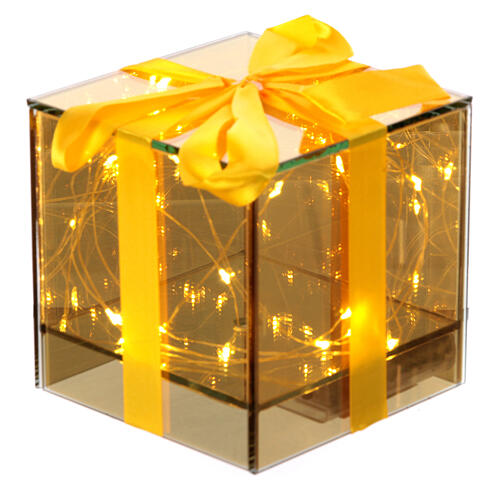 Caja regalo vidrio 20 gotas led blanco cálido 12x12x12 cm int dorado amarillo 2