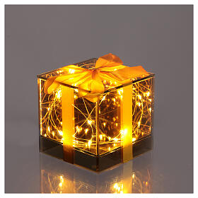Paquet cadeau verre 20 gouttes LED blanc chaud 12x12x12 cm pour intérieur doré jaune