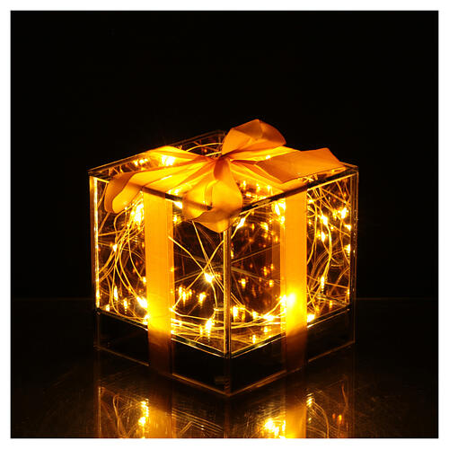 Paquet cadeau verre 20 gouttes LED blanc chaud 12x12x12 cm pour intérieur doré jaune 3