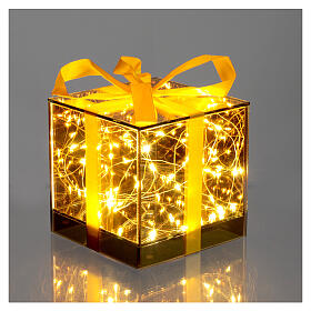 Pacco regalo 25 gocce Led luce calda vetro dorato 15x15x15 cm fiocco giallo a batteria