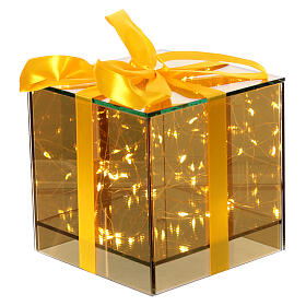 Pacco regalo 25 gocce Led luce calda vetro dorato 15x15x15 cm fiocco giallo a batteria