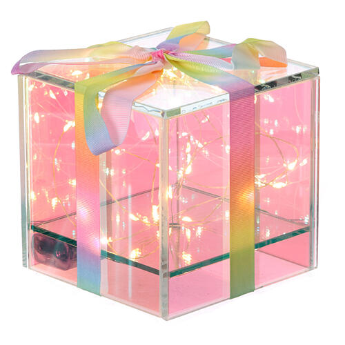 Paquet cadeau Crystal design verre opalescent 20 LEDs colorés lumière fixe à piles 12x12x12 cm pour intérieur 2