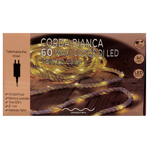 Corde blanche lumineuse nylon 60 LEDs blanc chaud minuteur jeux de lumières 5 m 6