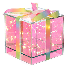 Paquet cadeau verre opalescent 25 LEDs colorés lumière fixe à piles 15x15x15 cm Crystal design pour intérieur