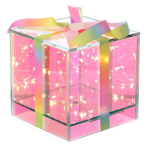 Paquet cadeau verre opalescent 25 LEDs colorés lumière fixe à piles 15x15x15 cm Crystal design pour intérieur 2