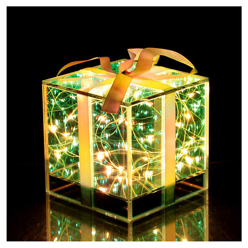 Paquet cadeau verre opalescent 25 LEDs colorés lumière fixe à piles 15x15x15 cm Crystal design pour intérieur 3