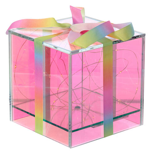 Paquet cadeau verre opalescent 25 LEDs colorés lumière fixe à piles 15x15x15 cm Crystal design pour intérieur 4