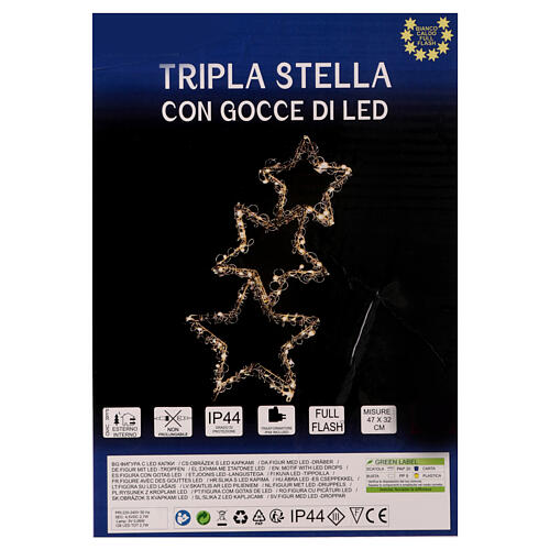 Tripla stella natalizia luminosa 126 led bianco caldo full flash int est 50x35 cm int est 5