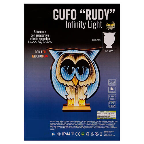 Rudy the Owl, Christmas Infinity Light decoration with 465 multicolour LED lights, two-sided, indoor/outdoor, 24x18 in 4