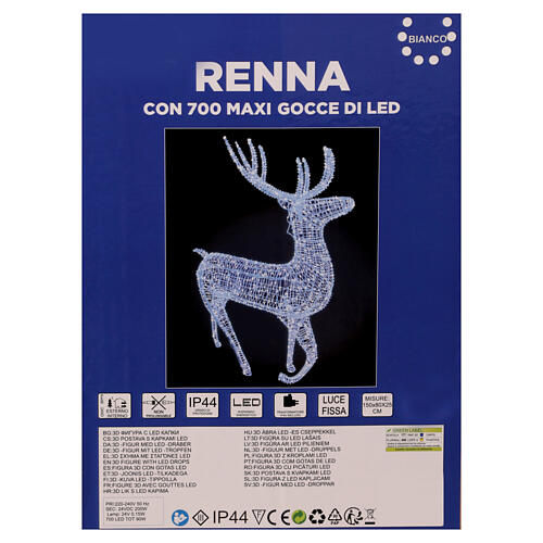 Renna luminosa natalizia int est 700 LED bianco ghiaccio 150x80x25 cm luce fissa 8