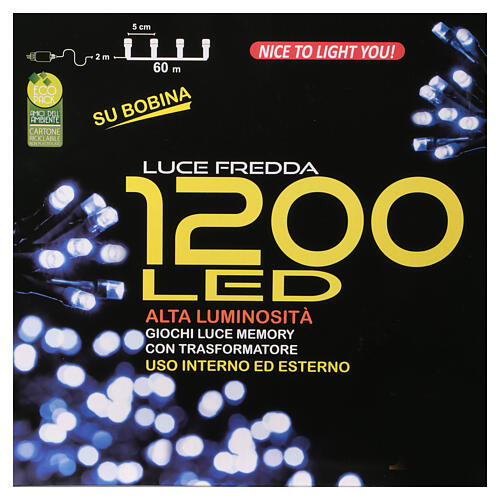 Łańcuch świetlny 1200 LED, zimne światło, 60 m, efekty świetlne i pamięć ustawień 5