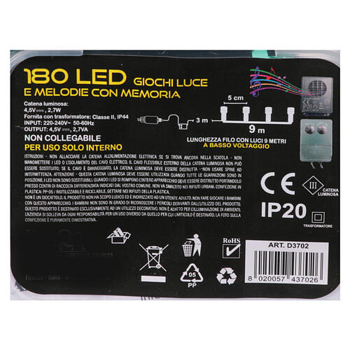 Lighting chain with 180 multicoloured LEDs, music and plays of light, 9 m 10