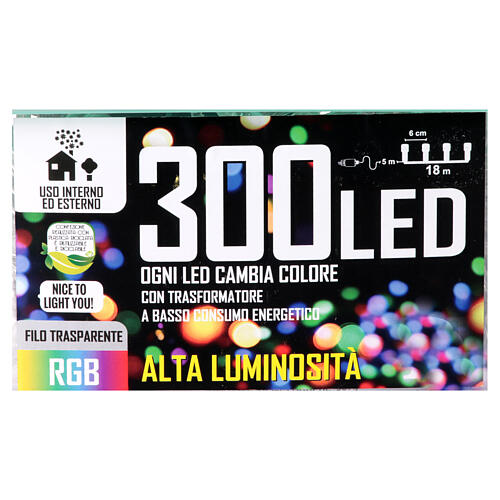 Cadena luminosa 300 led RGB 18 m con hilo transparente int ext 8