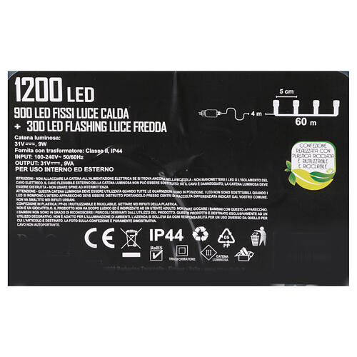 Chaîne lumineuse 1200 LEDs blanc chaud froid clignotants 60 m int/ext 9