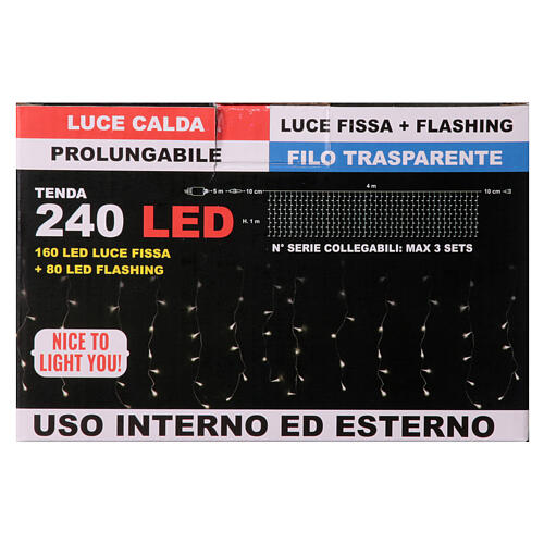Curtain lights 240 LEDs warm light/flash 4x1 m internal external 3