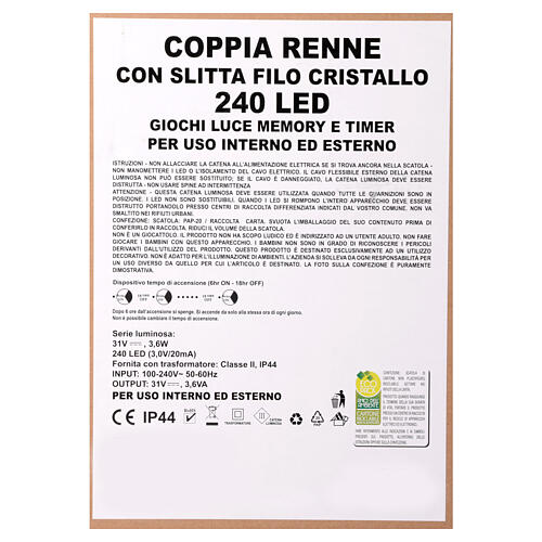 Coppia di renne e slitta filo cristallo 240 led interno ed esterno h 75cm 11