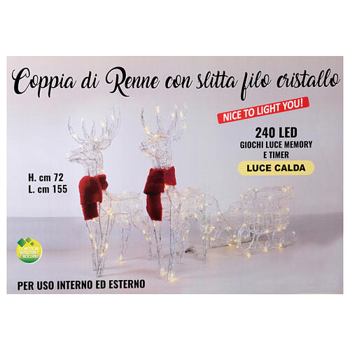 Pair of reindeer and crystal wire sled with 240 LEDs internal and external, h 75cm 10