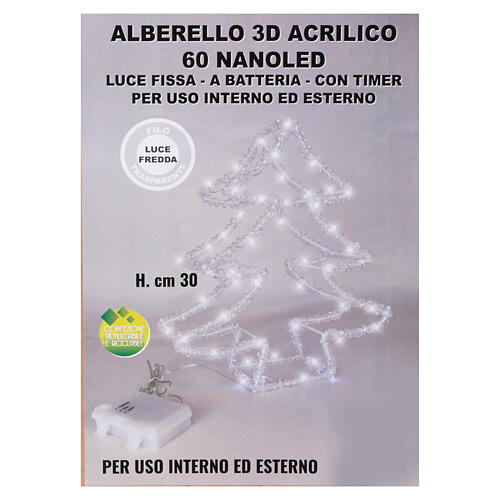 3D acrylic Christmas tree with 60 cold white nanoLEDs, battery-operated, h 12 in 6