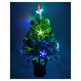 Christmas tree with 12 RGB LEDs and optical fibres, h 24 in, green PVC, indoor