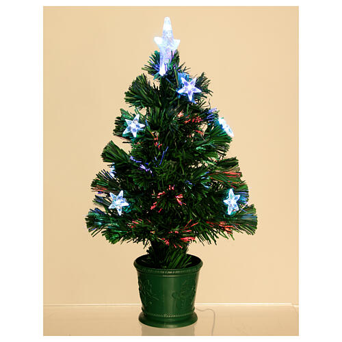 Christmas tree with 12 RGB LEDs and optical fibres, h 24 in, green PVC, indoor 4