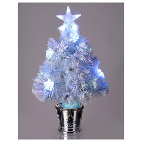 Christmas tree with 12 RGB LEDs and optical fibres, h 24 in, white PVC, indoor