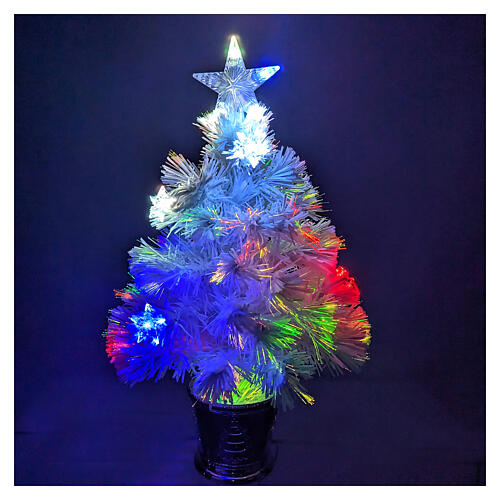 Christmas tree with 12 RGB LEDs and optical fibres, h 24 in, white PVC, indoor 1