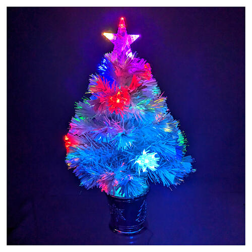 Christmas tree with 12 RGB LEDs and optical fibres, h 24 in, white PVC, indoor 3