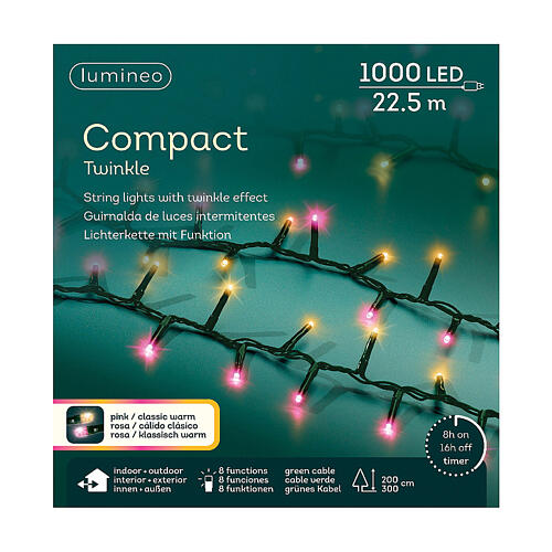 Weihnachtsbeleuchtung, 1000 LED, rosa und warmweiß, 22,5 m, mit Blinkfunktion 3