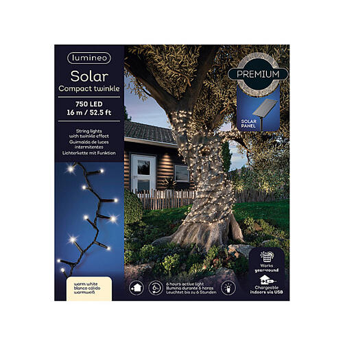 Luzes de Natal 750 LEDs branco quente 16 m interior/exterior painel solar 3