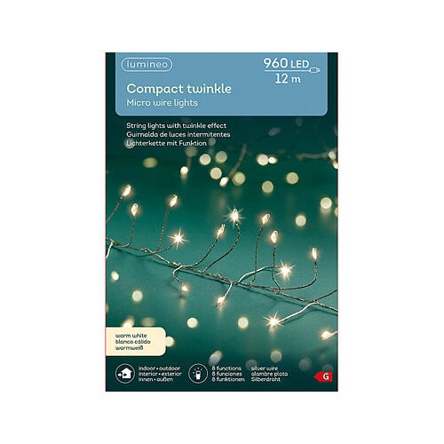 Filo di luci intermittenti bianco caldo 960 microled 12m int est 4