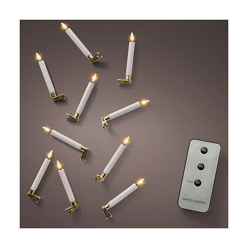 Set 10 velas LED dorada pinza dorada blanco cálido control remoto 14 cm uso int 1