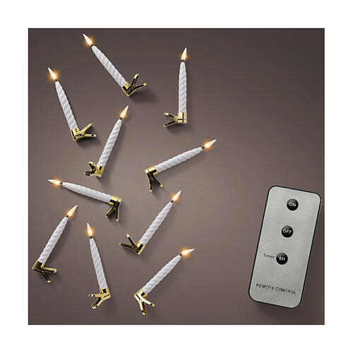 Set of 10 warm white twisted LED candles with clip and battery 1