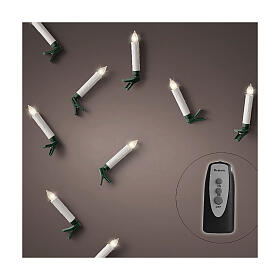 Set of 10 warm white LED candles with green clips and remote, 4 in