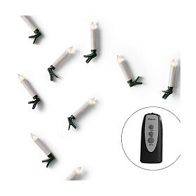 Set of 10 warm white LED candles with green clips and remote, 4 in