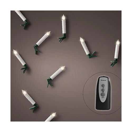 Set of 10 warm white LED candles with green clips and remote, 4 in 1