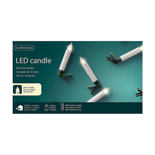 Set of 10 warm white LED candles with green clips and remote, 4 in 3