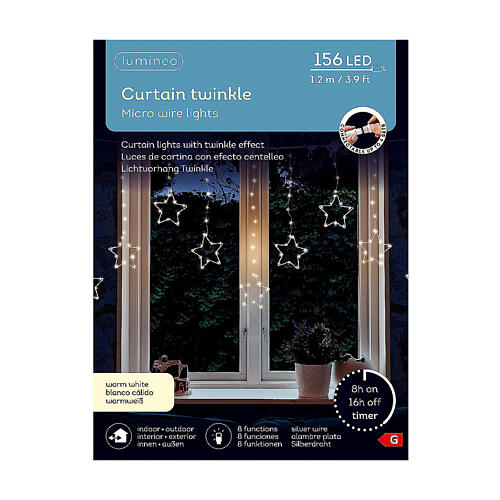 Curtain of warm white stars, 156 micro LEDs, 8 light plays, 47 in, indoot/outdoor, extensible 4