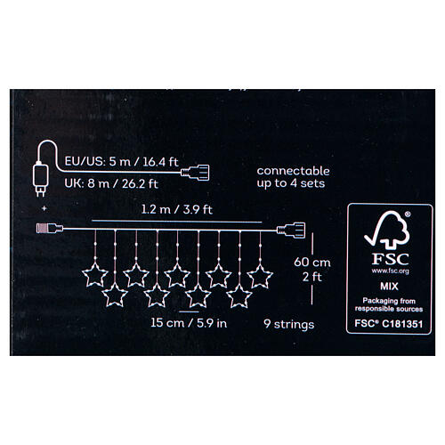 Curtain of warm white stars, 156 micro LEDs, 8 light plays, 47 in, indoot/outdoor, extensible 6