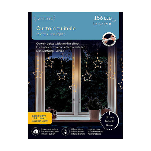 Curtain of classic warm stars, 156 micro LEDs, 8 light plays, 47 in, indoot/outdoor, extensible 4