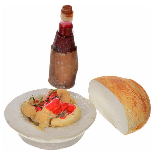 Botella, pan y plato 3pz pesebre Nápoles 2 cm 1