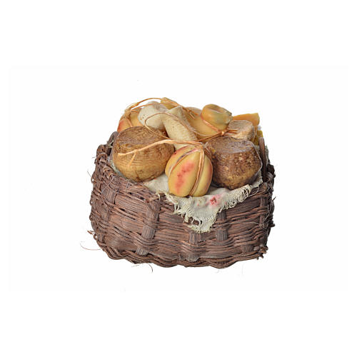 Cesto in midollino con formaggi pane e salumi in cera miniature presepe napoli