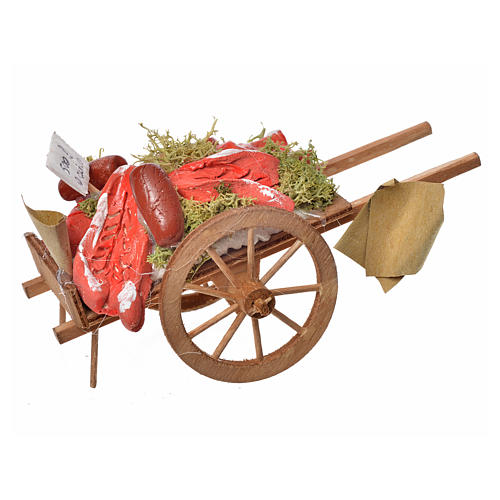 Neapolitan Nativity accessory, meat cart in wood and terracotta 1