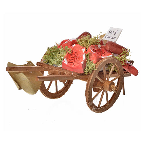 Neapolitan Nativity accessory, meat cart in wood and terracotta 2