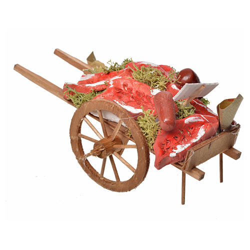 Neapolitan Nativity accessory, meat cart in wood and terracotta 3