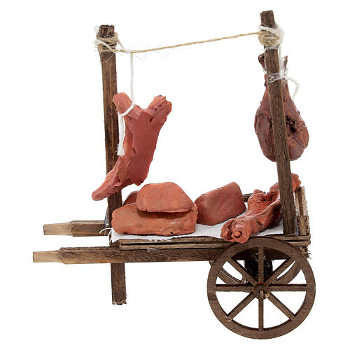 Neapolitan Nativity accessory, cart with meat and sausages 11x11 4