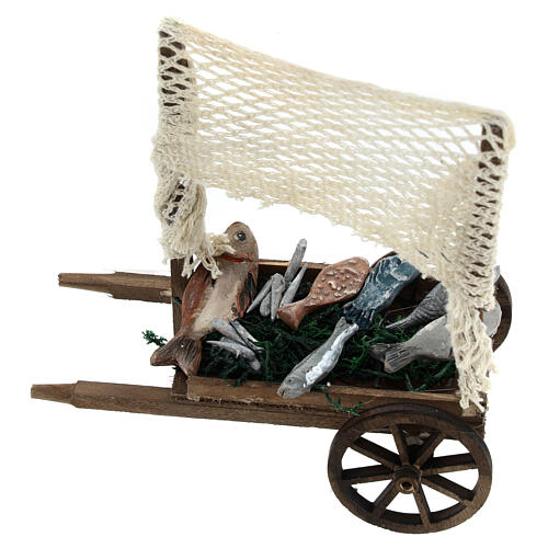 Neapolitan Nativity accessory, cart with terracotta fish 8x12x7. 3